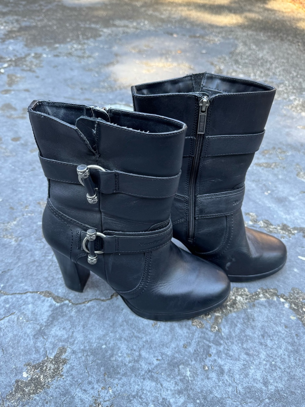 Harley-Davidson Black Mid-Calf Heeled Boots with Buckle Straps Streetwear Grunge